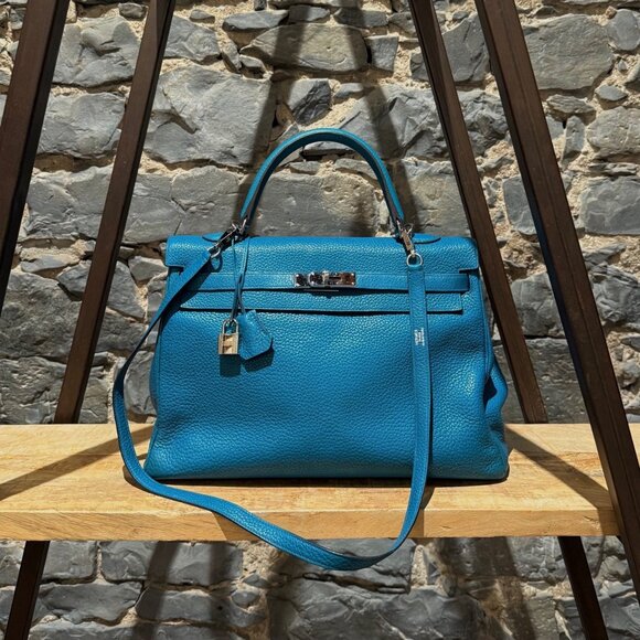 Hermes Handbags - Hermès 2013 Bleu Izmir Clemence Leather Kelly 35 Bag